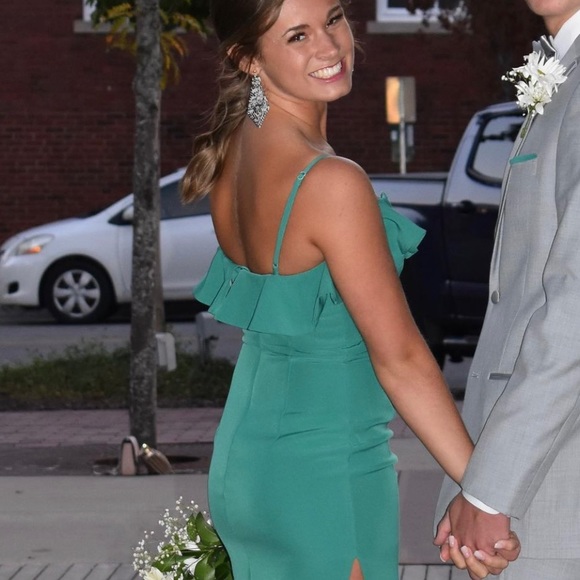 Green Mini Dress with Ruffle - Picture 2 of 5